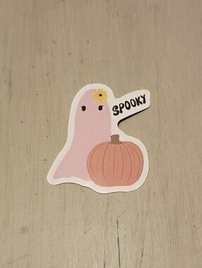 10/$10 Sticker Decal - Spooky Pink Ghost w/ Yellow Flower Bow & Orange Pumpkin